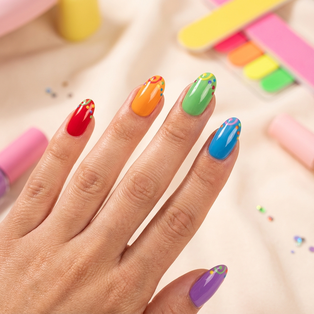 Diseño de uñas arcoíris multicolor