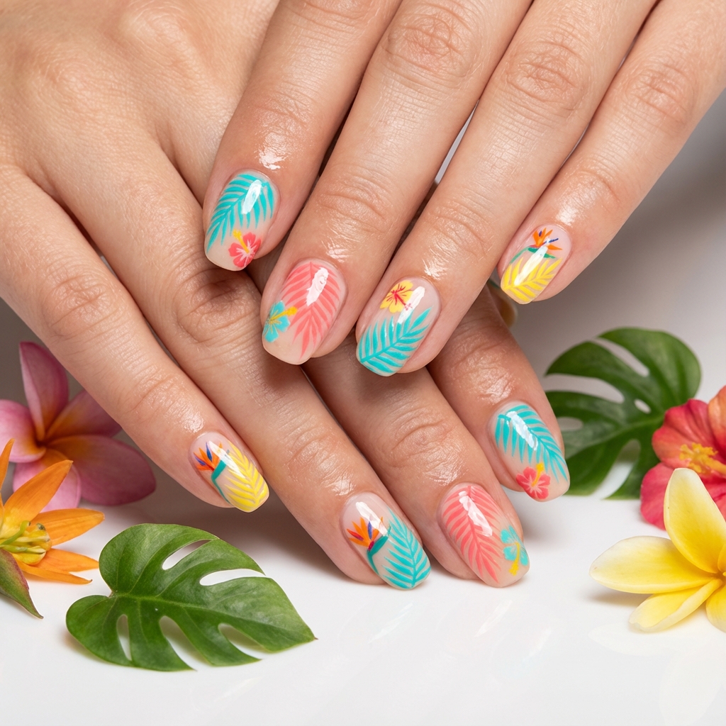 Uñas coloridas con diseño tropical vibrante